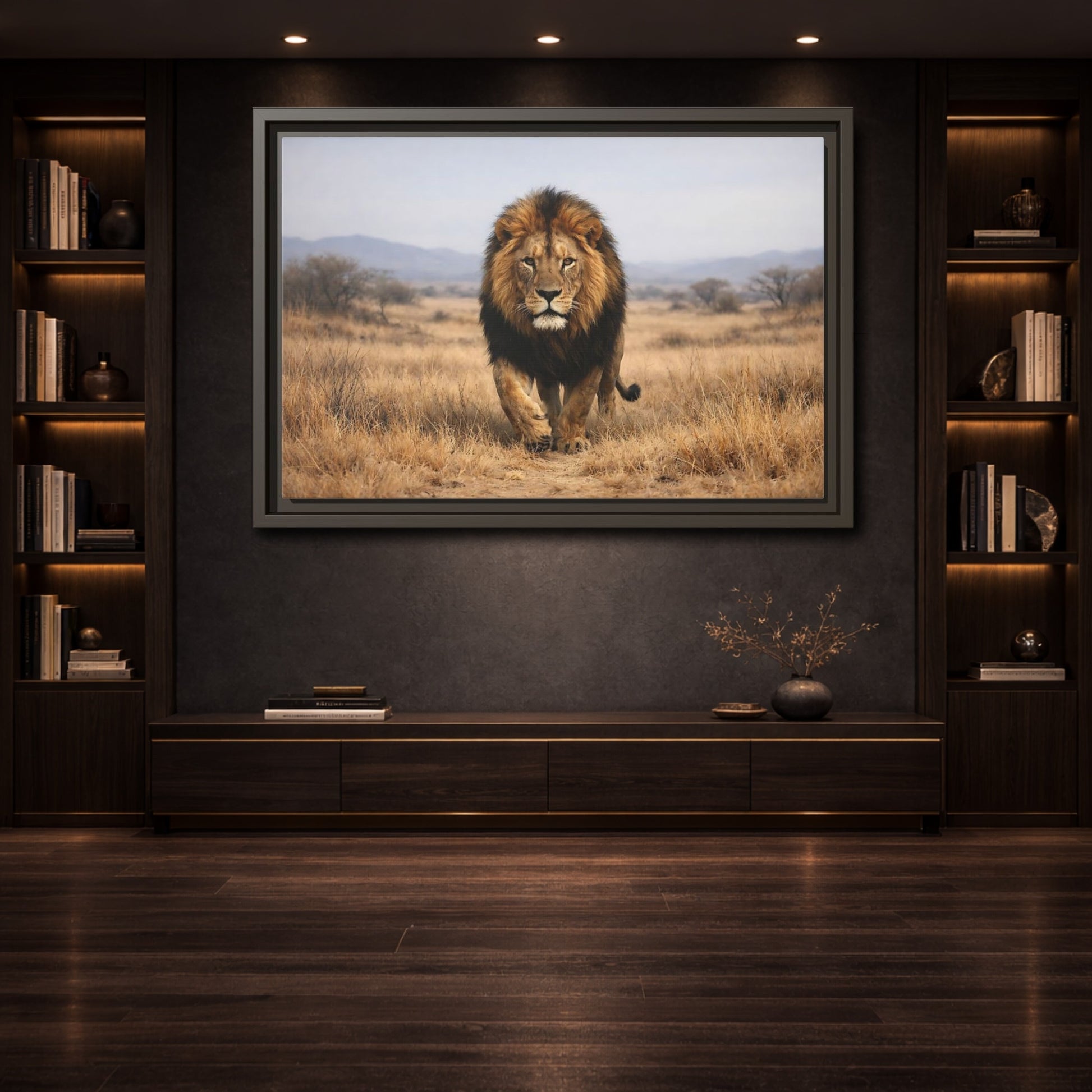 Mockup 3. Animals Lion Brown And Black shown as stretched canvas wall art