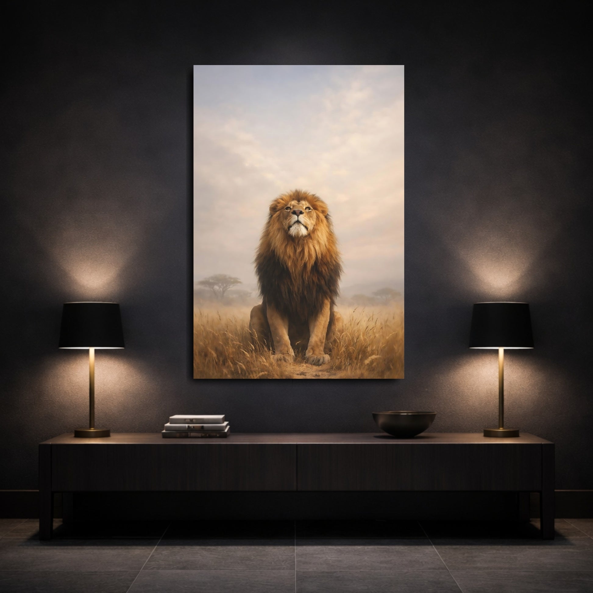 Mockup 2. Animals Lion Brown And Gold Lion shown as stretched canvas wall art