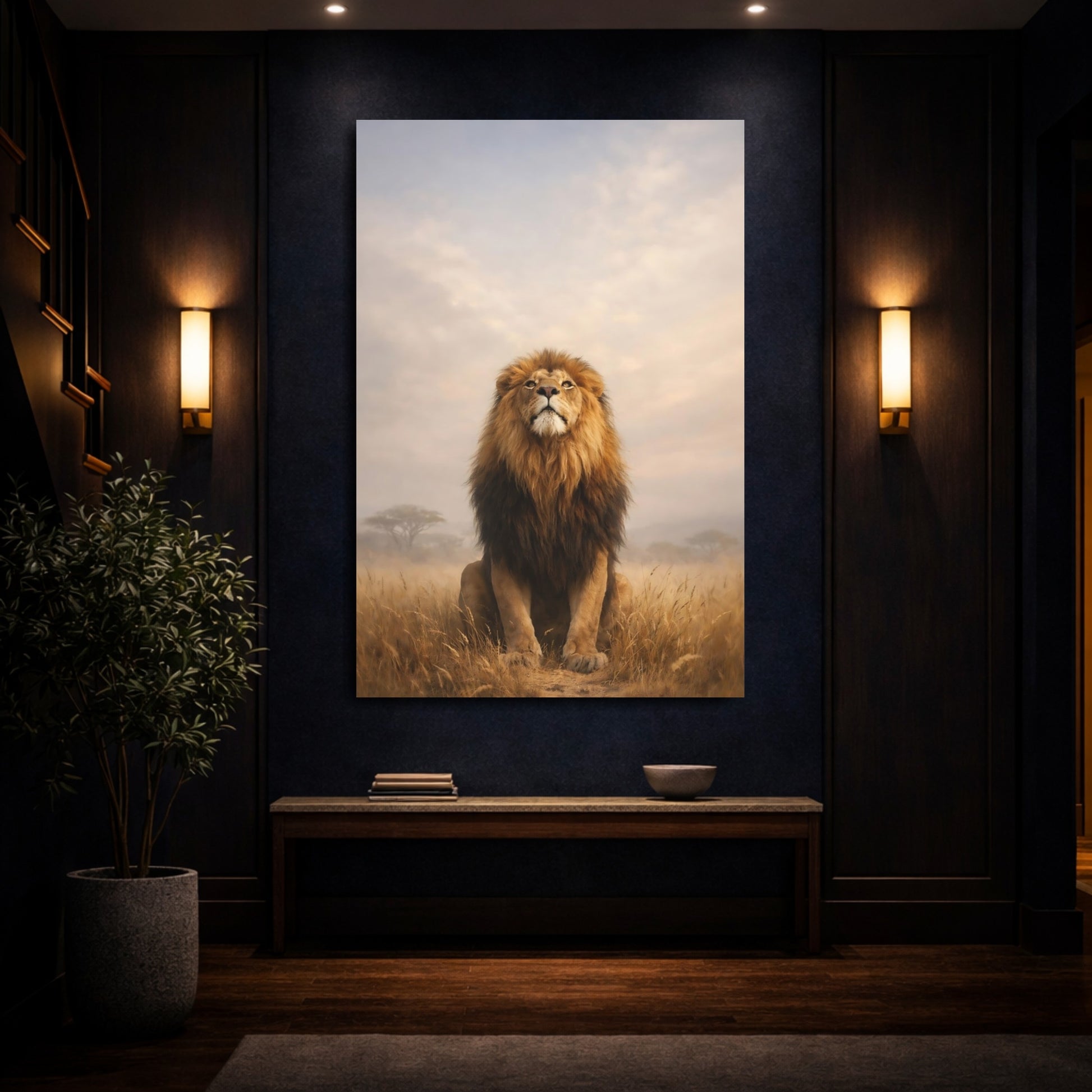 Mockup 3. Animals Lion Brown And Gold Lion shown as stretched canvas wall art