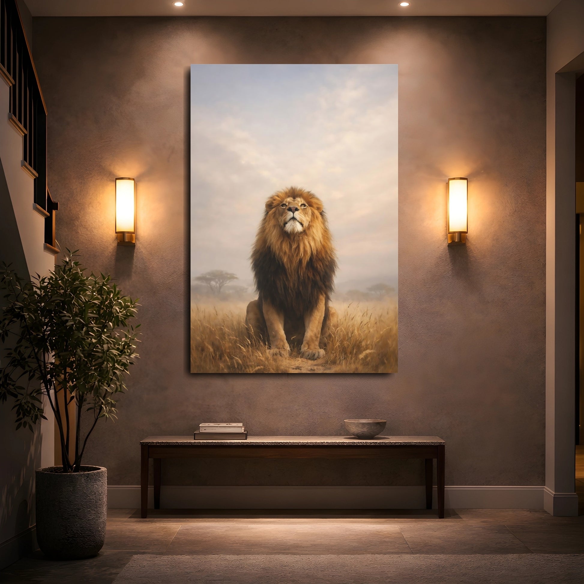 Mockup 4. Animals Lion Brown And Gold Lion shown as stretched canvas wall art