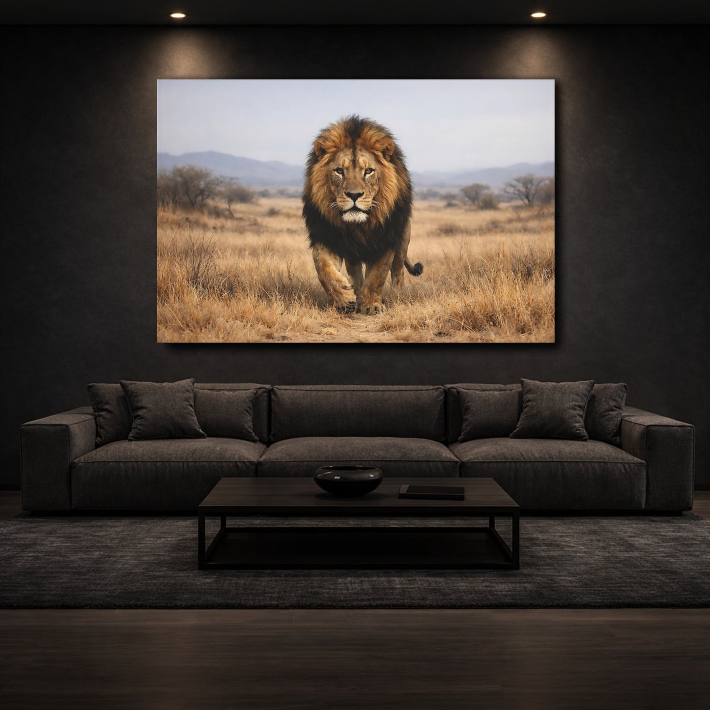 Mockup 2. Animals Lion Brown And Gold shown as stretched canvas wall art