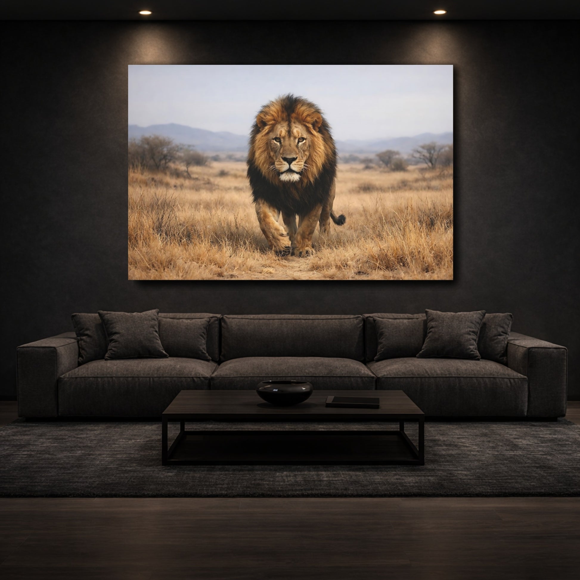 Mockup 2. Animals Lion Brown And Gold shown as stretched canvas wall art