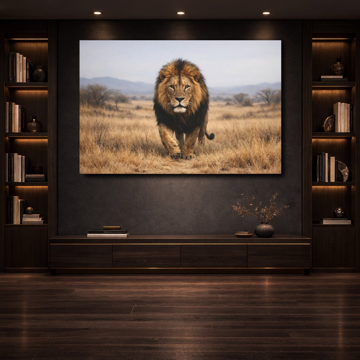 Mockup 3. Animals Lion Brown And Gold shown as stretched canvas wall art