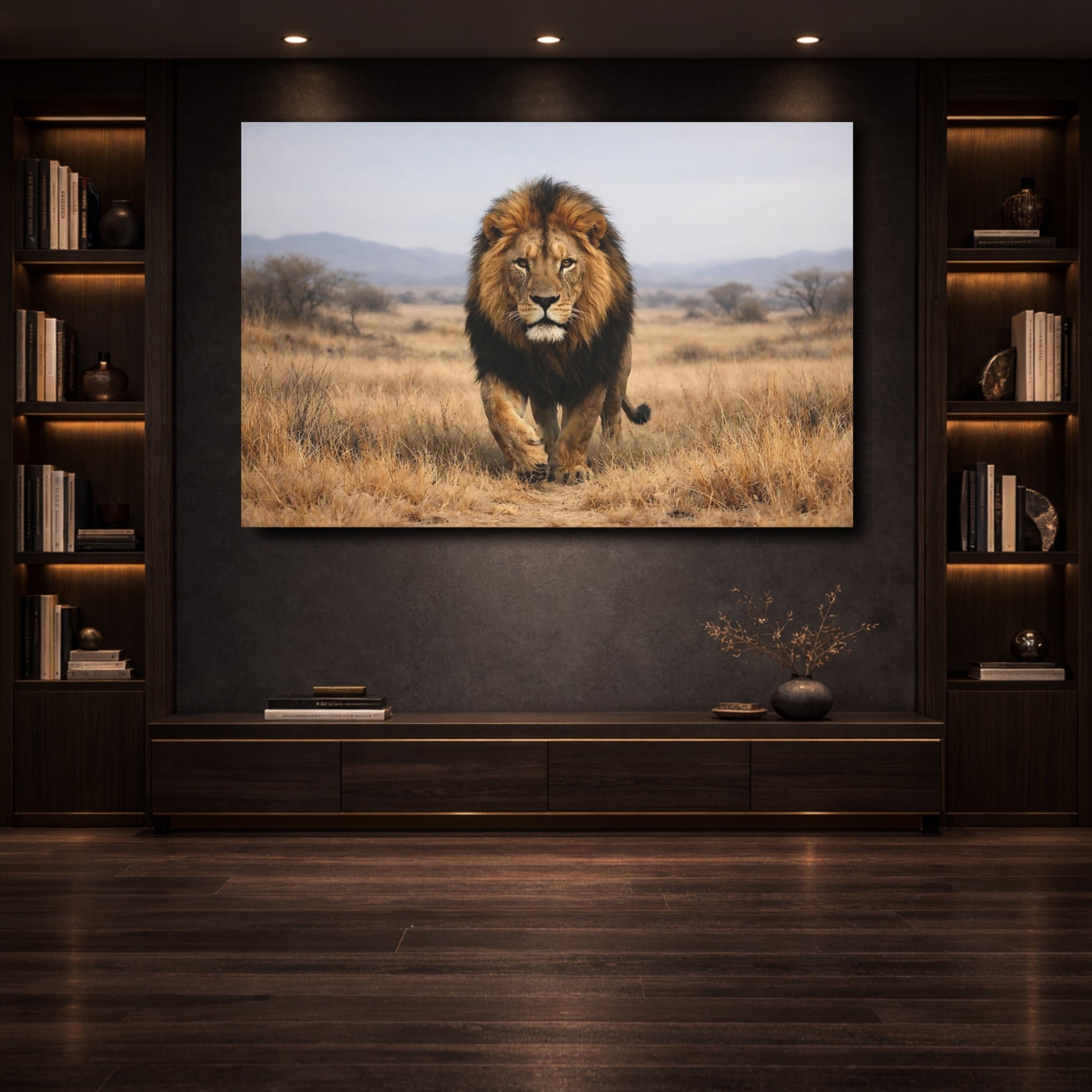 Mockup 3. Animals Lion Brown And Gold shown as stretched canvas wall art
