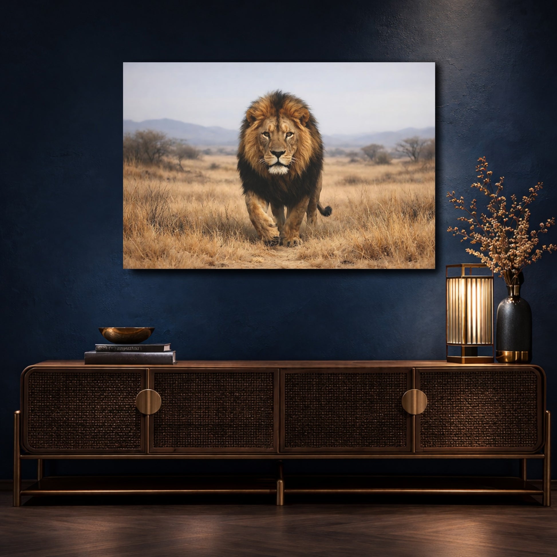 Mockup 4. Animals Lion Brown And Gold shown as stretched canvas wall art