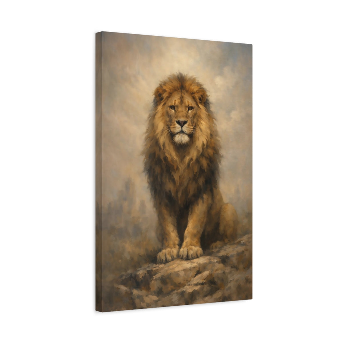 Side Mockup 3. Animals Lion Brown Lion shown as stretched canvas wall art