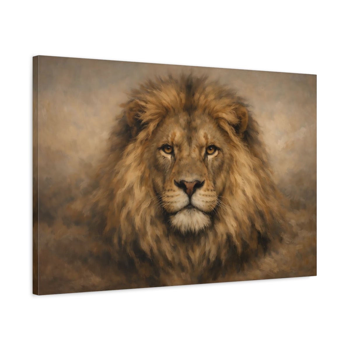 Side Mockup 2. Animals Lion Brown Lion shown as stretched canvas wall art