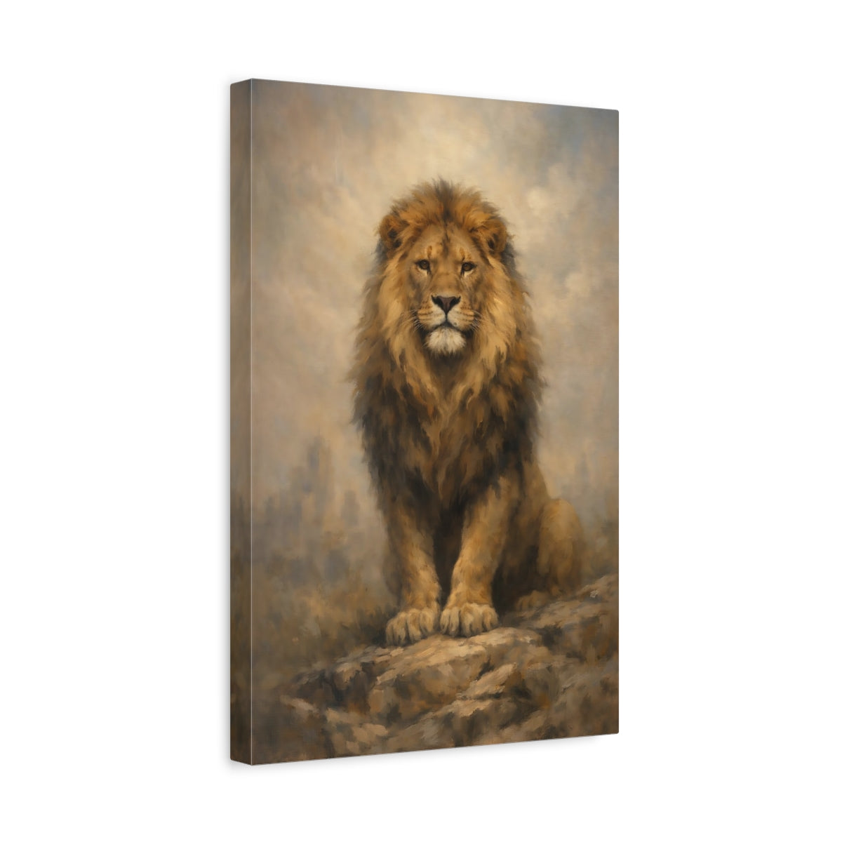 Side Mockup 4. Animals Lion Brown Lion shown as stretched canvas wall art