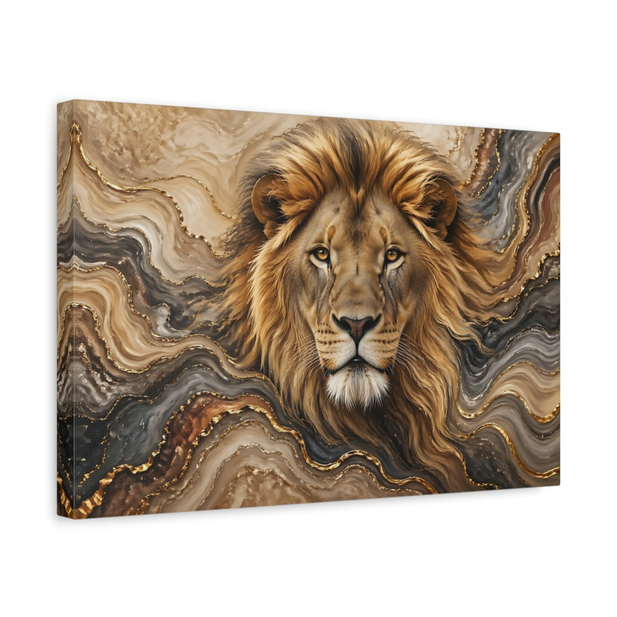 Side Mockup 4. Animals Lion Brown Gold Abstract shown as stretched canvas wall art