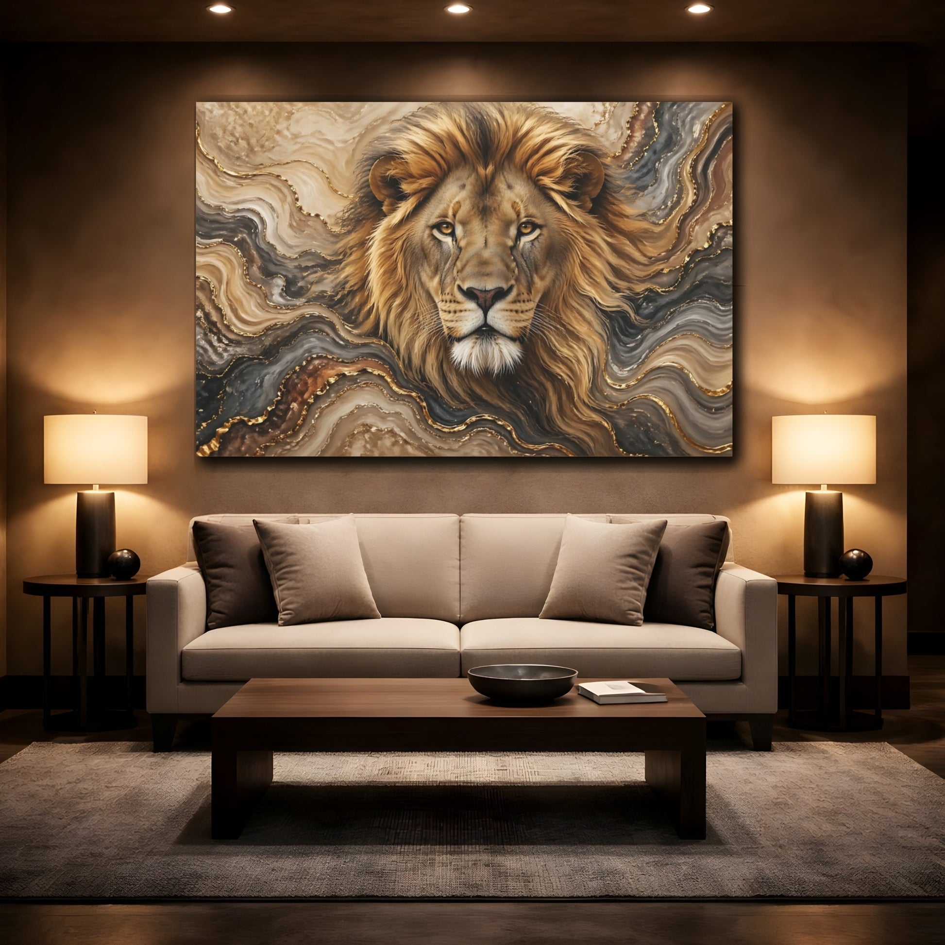 Mockup 2. Animals Lion Brown Gold Abstract shown as stretched canvas wall art