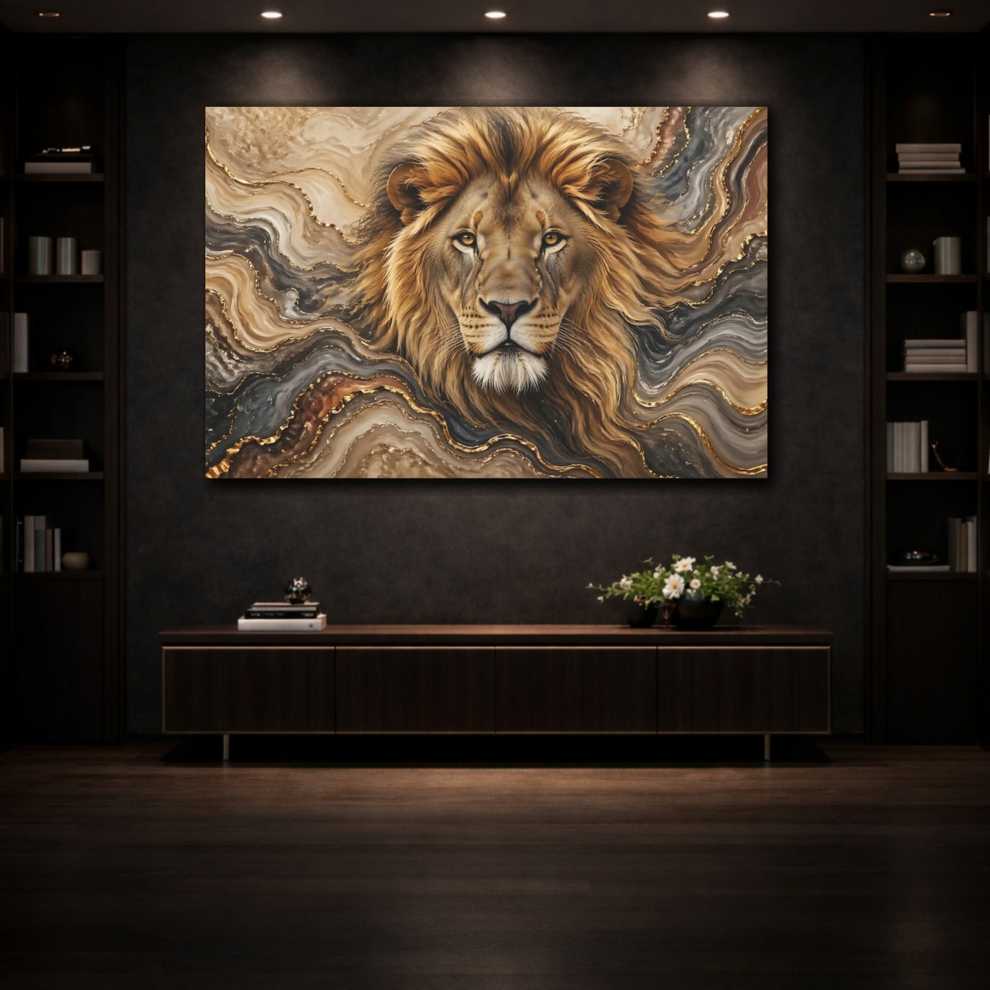 Mockup 3. Animals Lion Brown Gold Abstract shown as stretched canvas wall art