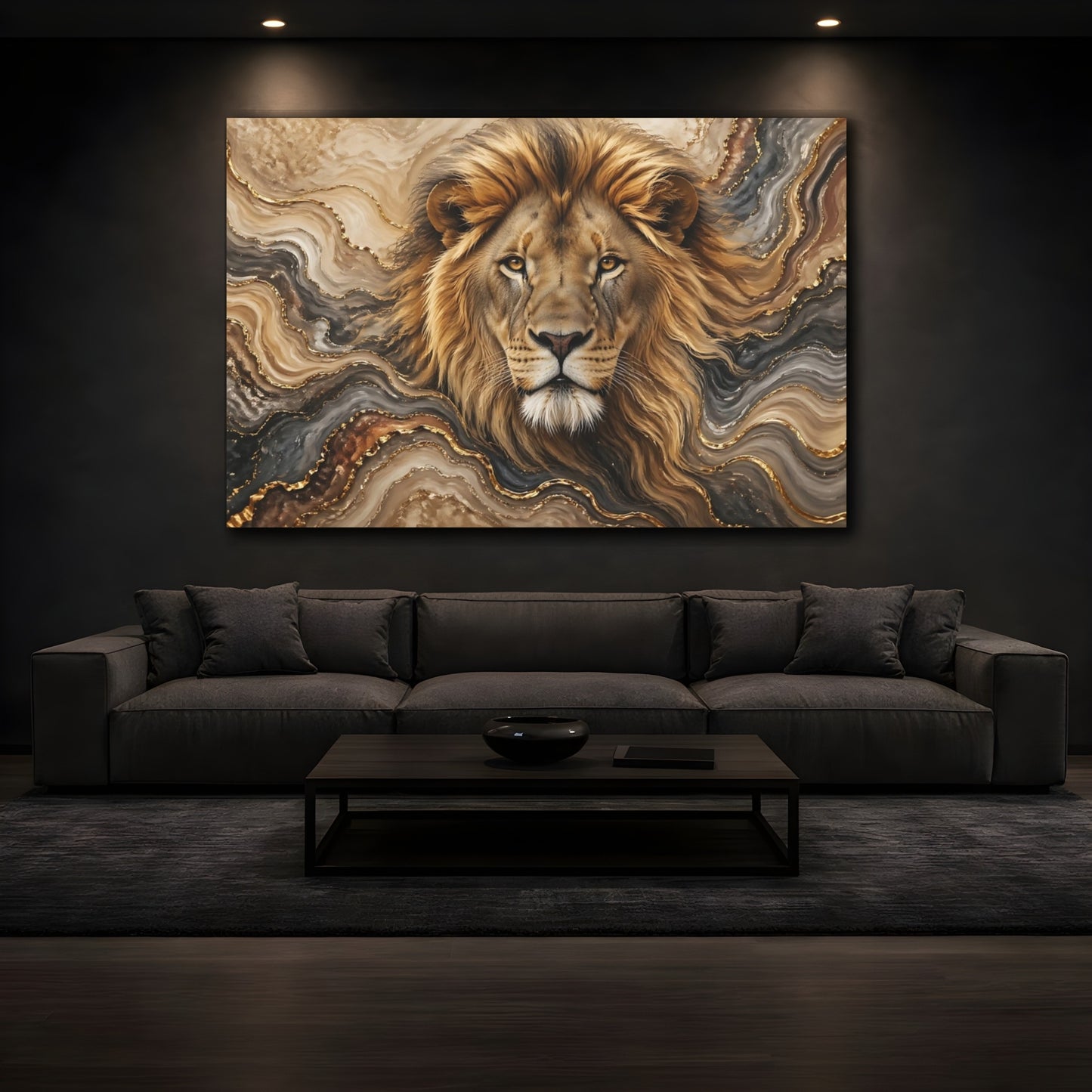 Mockup 4. Animals Lion Brown Gold Abstract shown as stretched canvas wall art