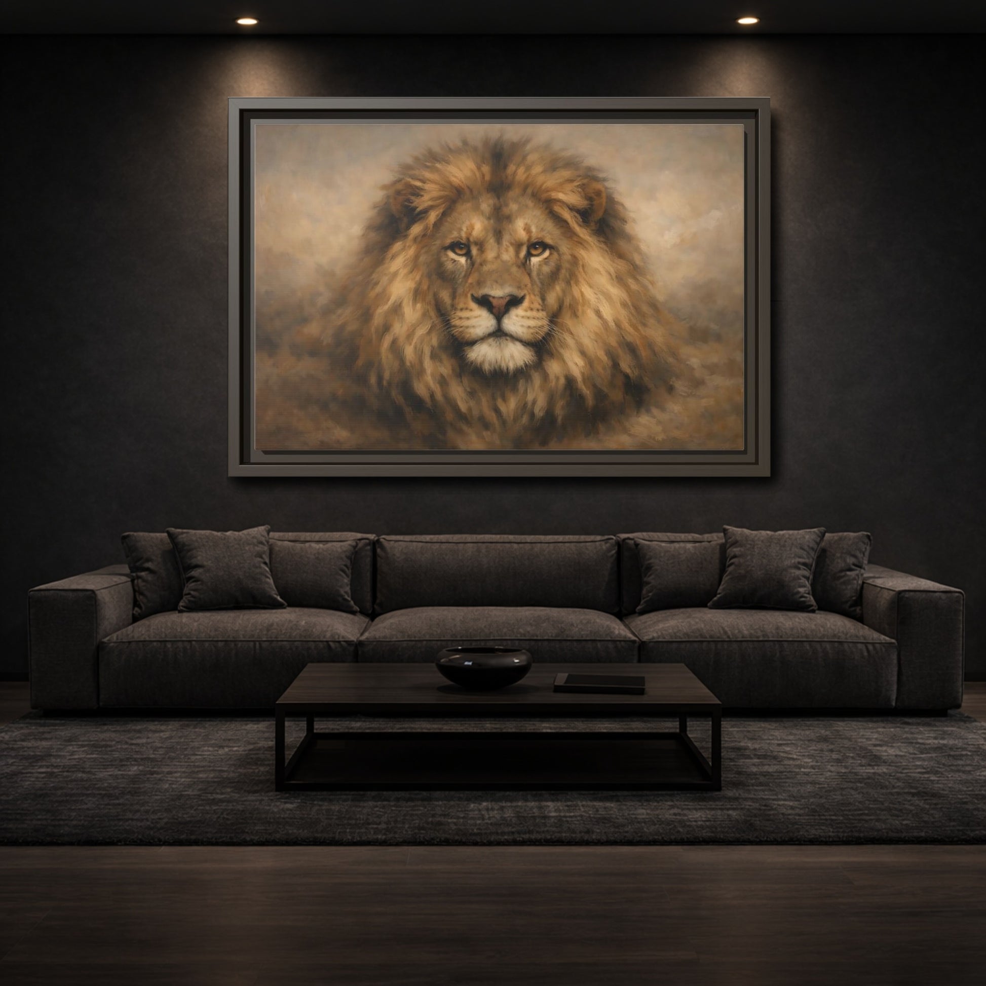 Mockup 2. Animals Lion Brown Lion Portrait shown as stretched canvas wall art