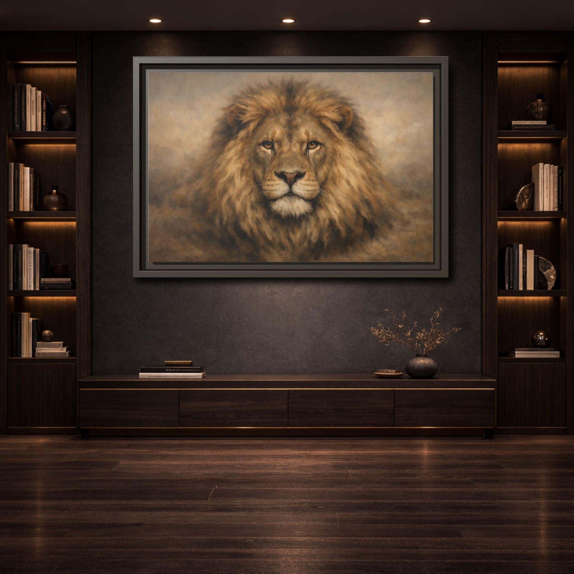 Mockup 3. Animals Lion Brown Lion Portrait shown as stretched canvas wall art