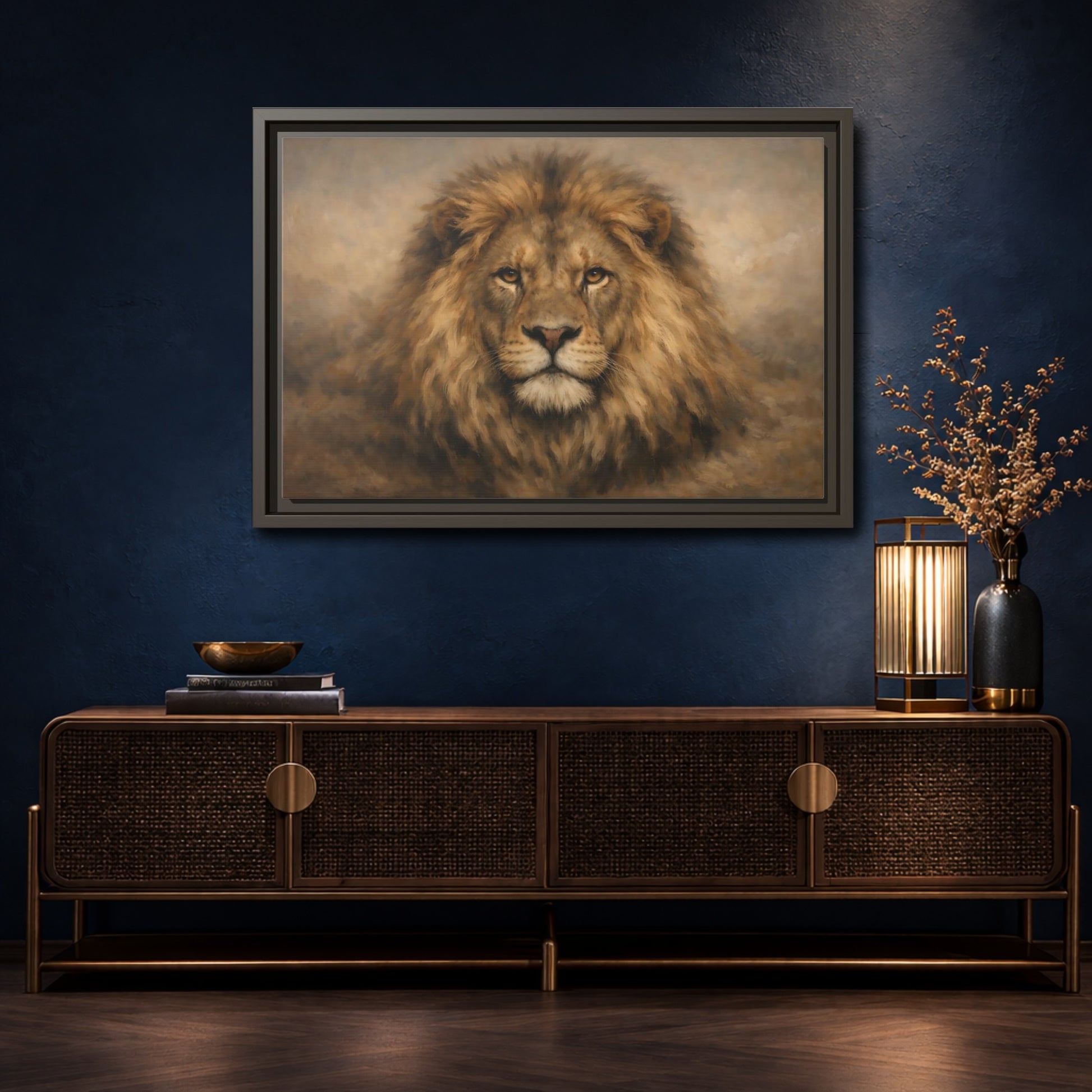 Mockup 4. Animals Lion Brown Lion Portrait shown as stretched canvas wall art
