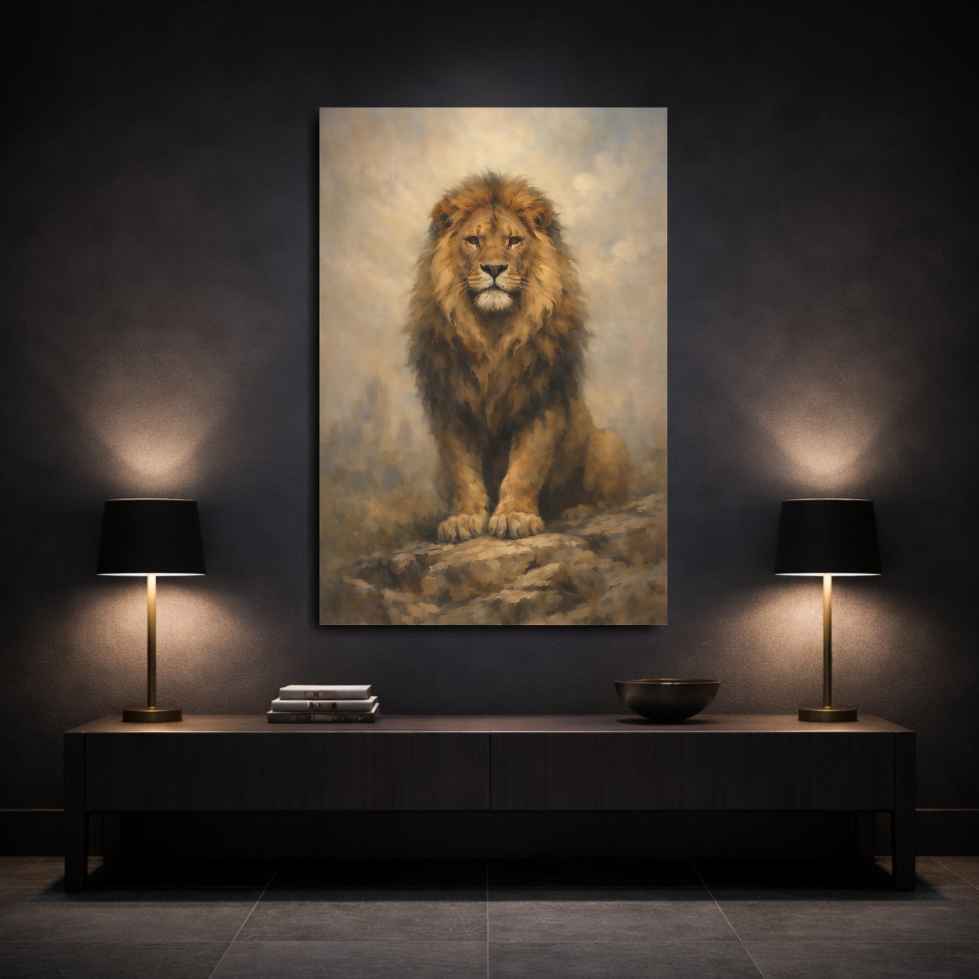 Mockup 2. Animals Lion Brown Lion shown as stretched canvas wall art