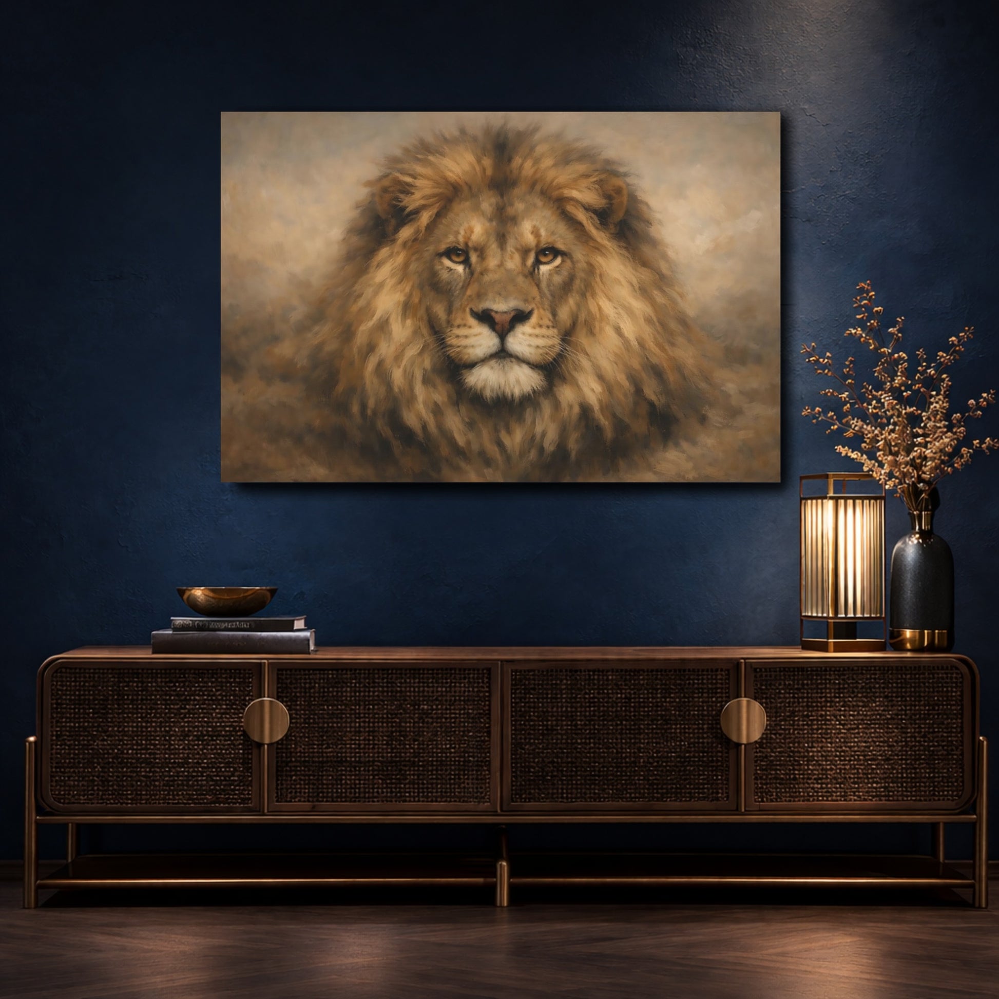 Mockup 4. Animals Lion Brown Lion shown as stretched canvas wall art