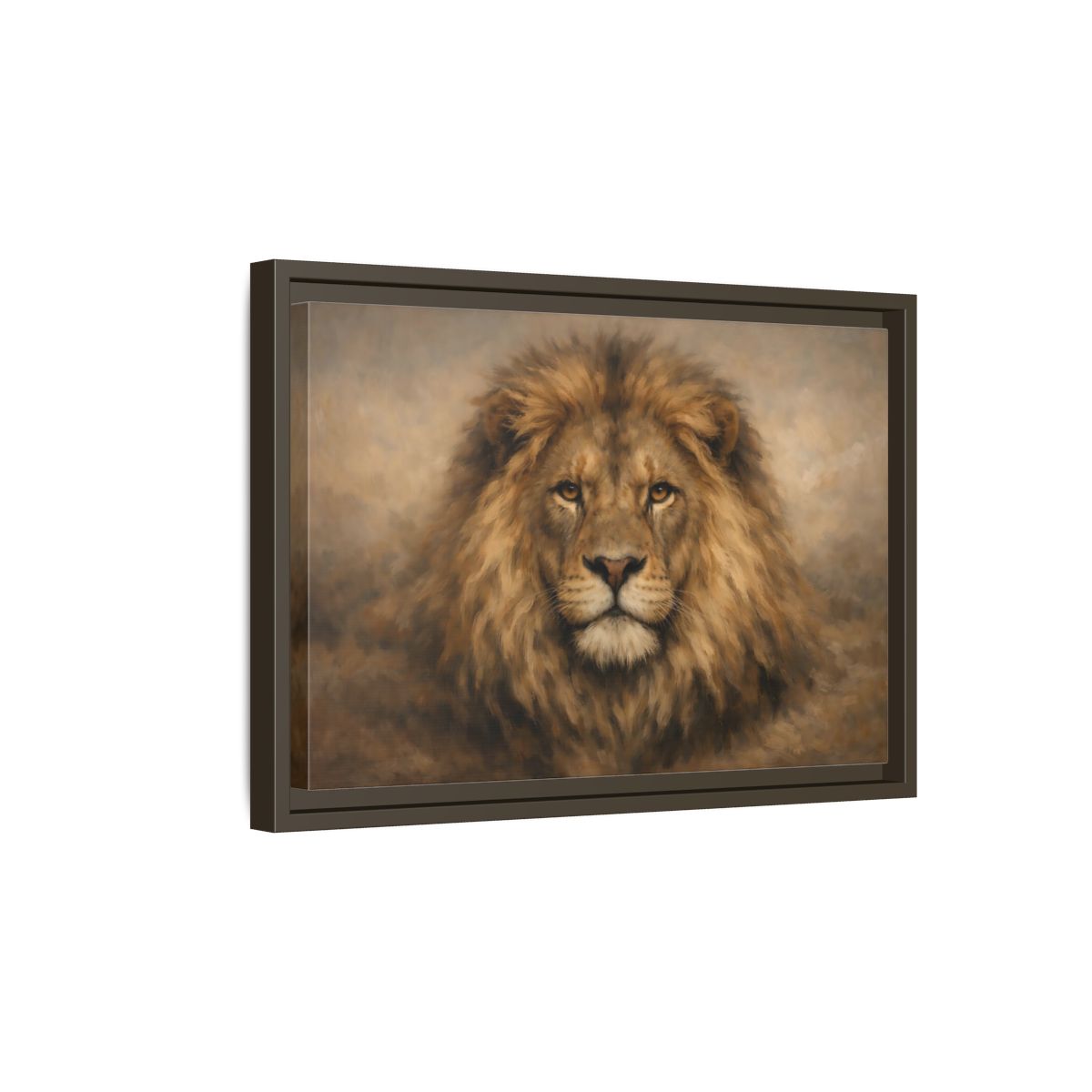 Side Mockup 5. Animals Lion Brown Lion Portrait shown as stretched canvas wall art