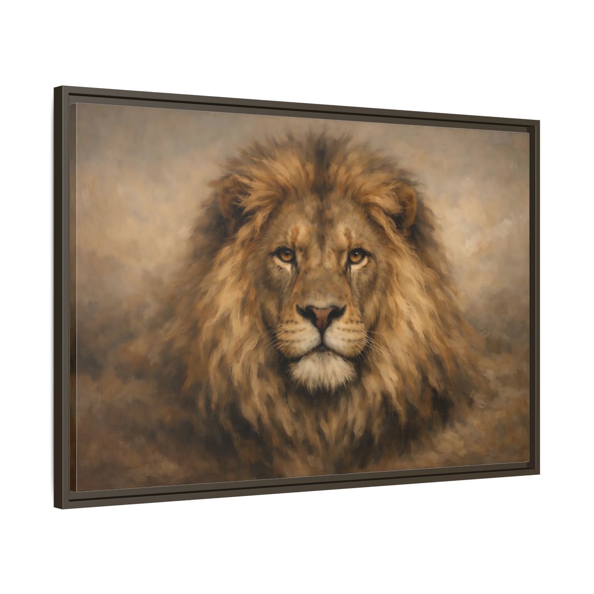Side Mockup 9. Animals Lion Brown Lion Portrait shown as stretched canvas wall art