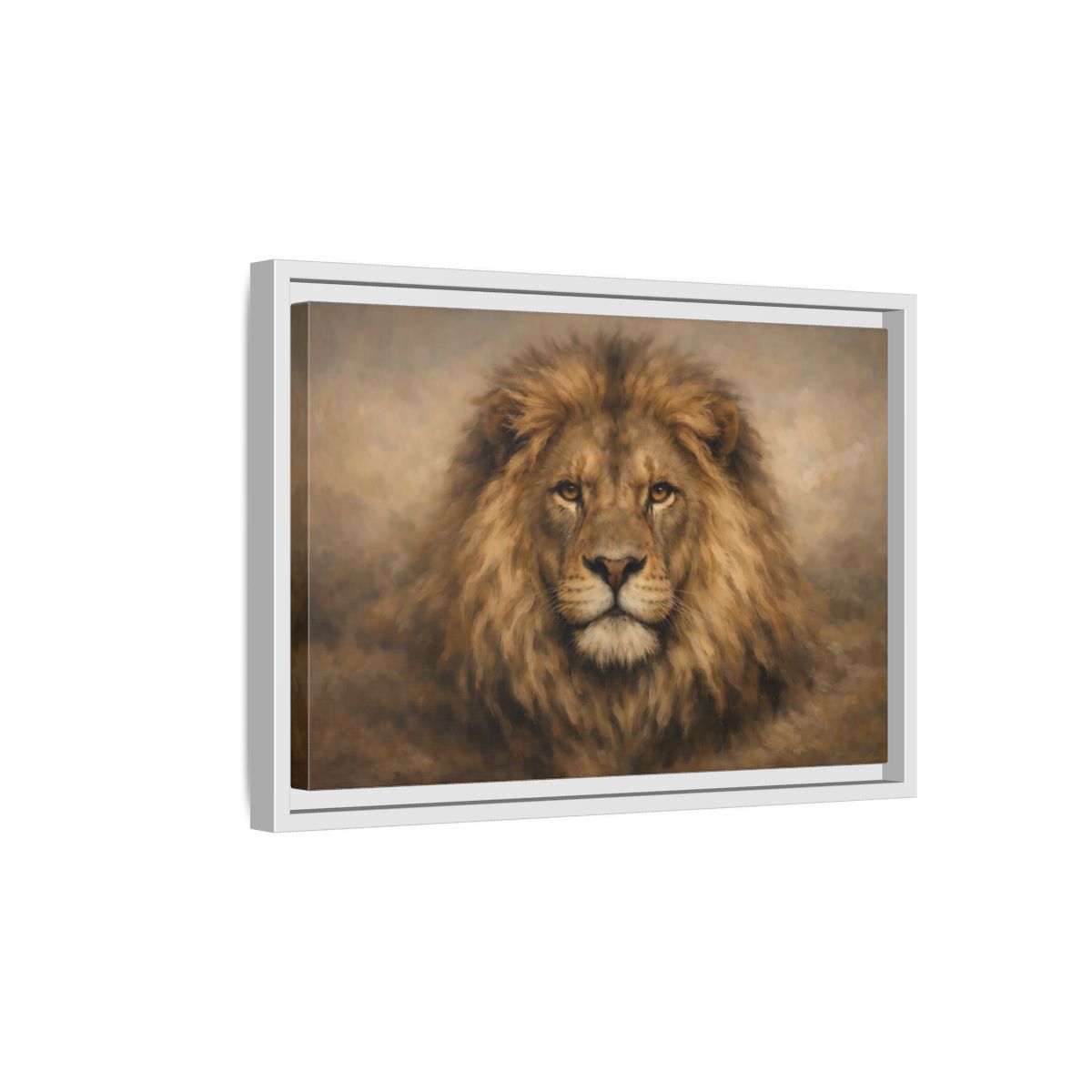 Side Mockup 4. Animals Lion Brown Lion Portrait shown as stretched canvas wall art
