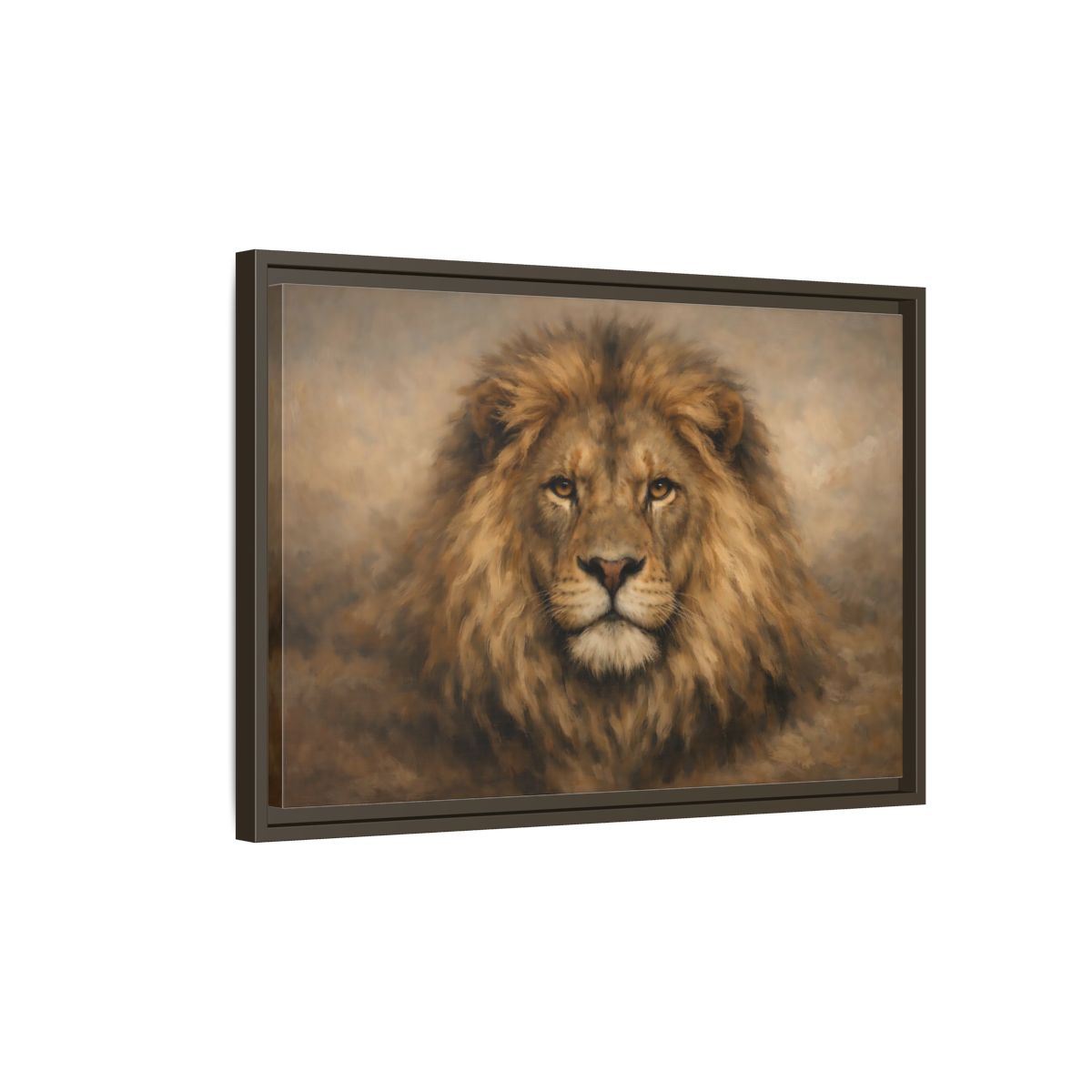 Side Mockup 2. Animals Lion Brown Lion Portrait shown as stretched canvas wall art