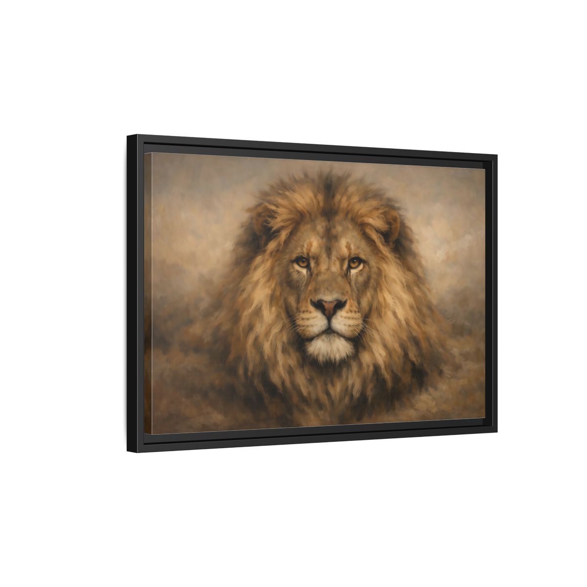 Side Mockup 3. Animals Lion Brown Lion Portrait shown as stretched canvas wall art