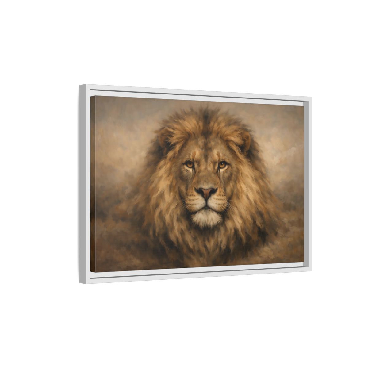 Side Mockup 1. Animals Lion Brown Lion Portrait shown as stretched canvas wall art