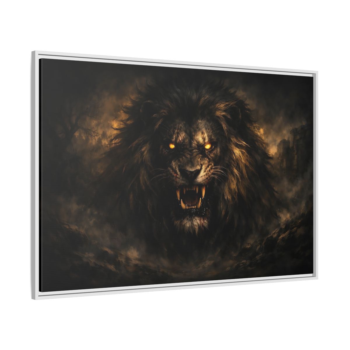 Side Mockup 7. Animals Lion Dark Lion shown as stretched canvas wall art