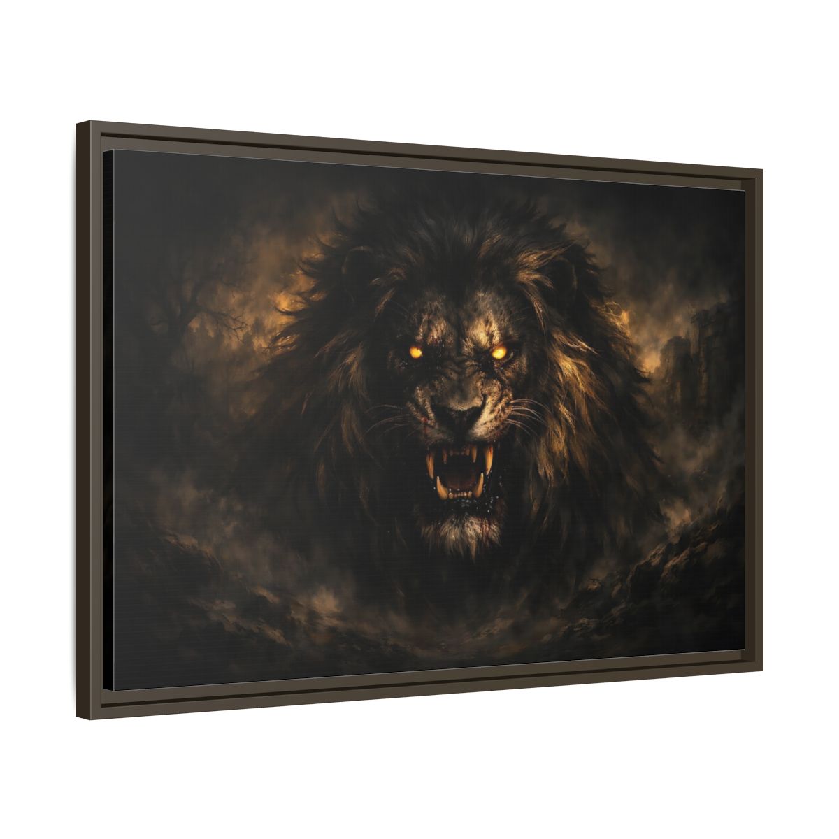 Side Mockup 11. Animals Lion Dark Lion shown as stretched canvas wall art