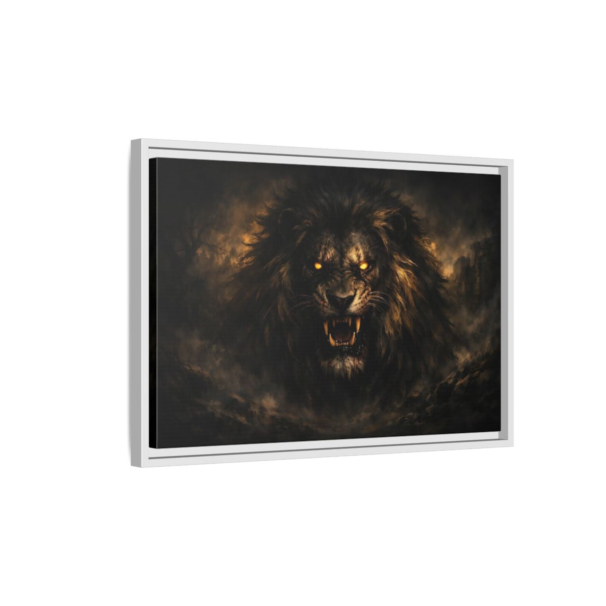 Side Mockup 1. Animals Lion Dark Lion shown as stretched canvas wall art