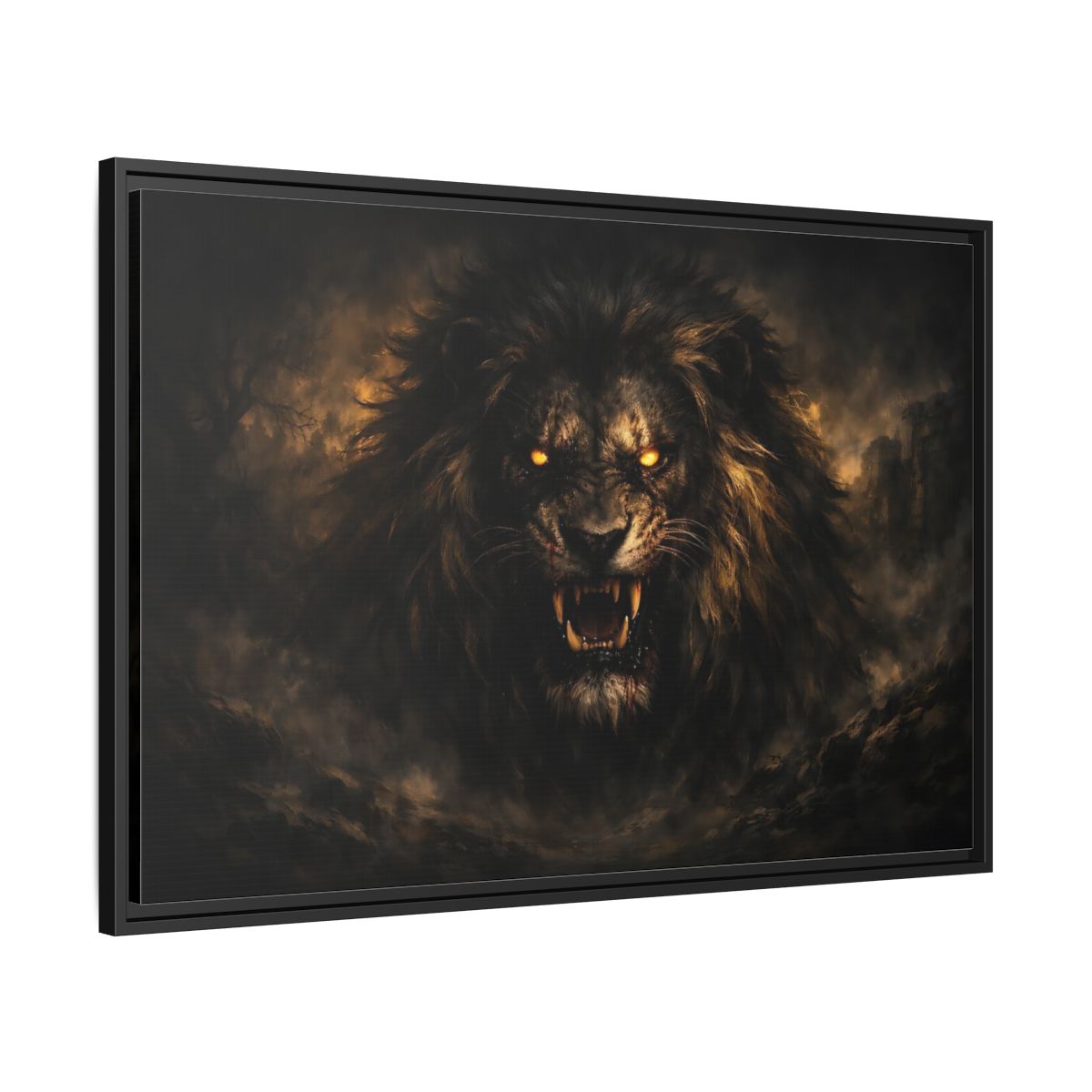 Side Mockup 13. Animals Lion Dark Lion shown as stretched canvas wall art