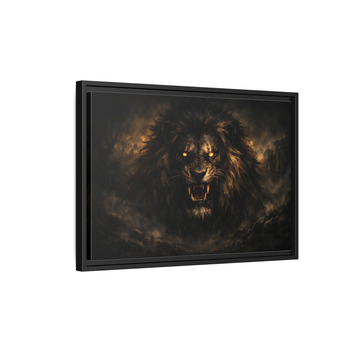 Side Mockup 3. Animals Lion Dark Lion shown as stretched canvas wall art