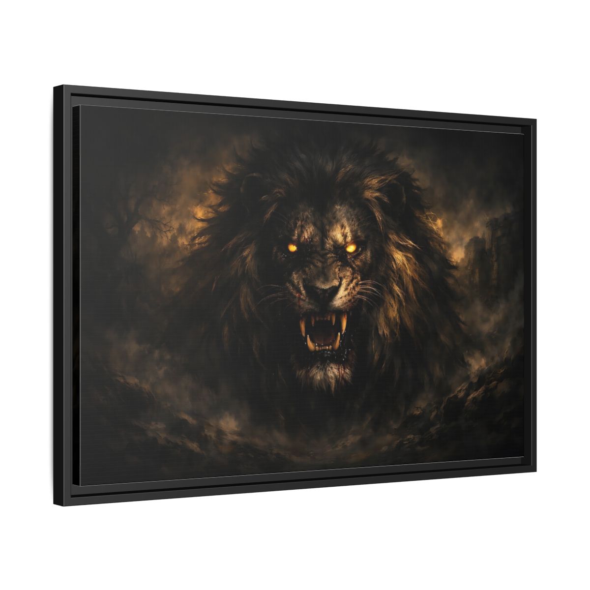 Side Mockup 14. Animals Lion Dark Lion shown as stretched canvas wall art