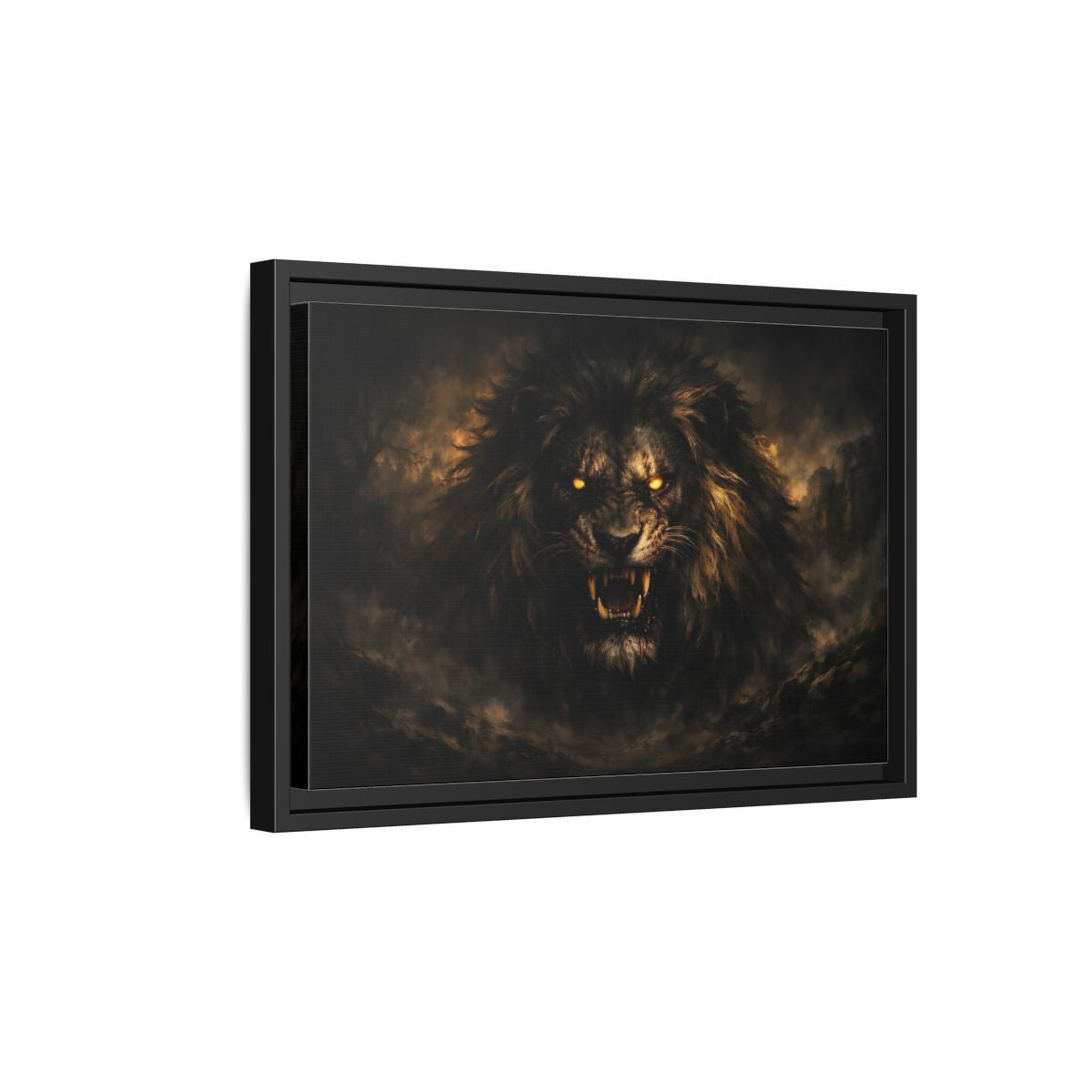 Side Mockup 6. Animals Lion Dark Lion shown as stretched canvas wall art