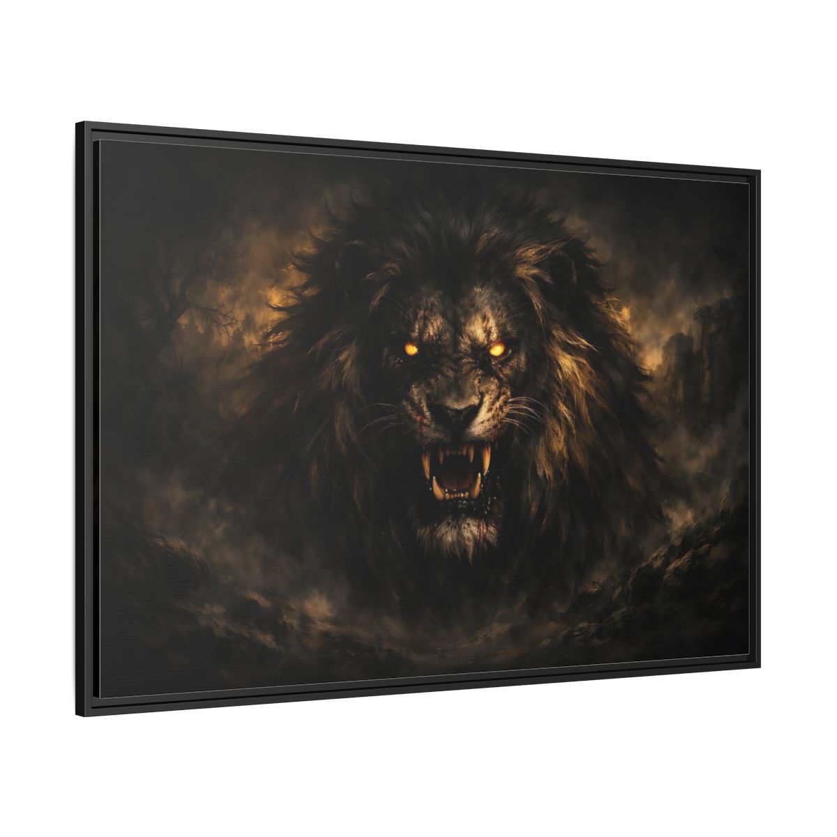 Side Mockup 12. Animals Lion Dark Lion shown as stretched canvas wall art