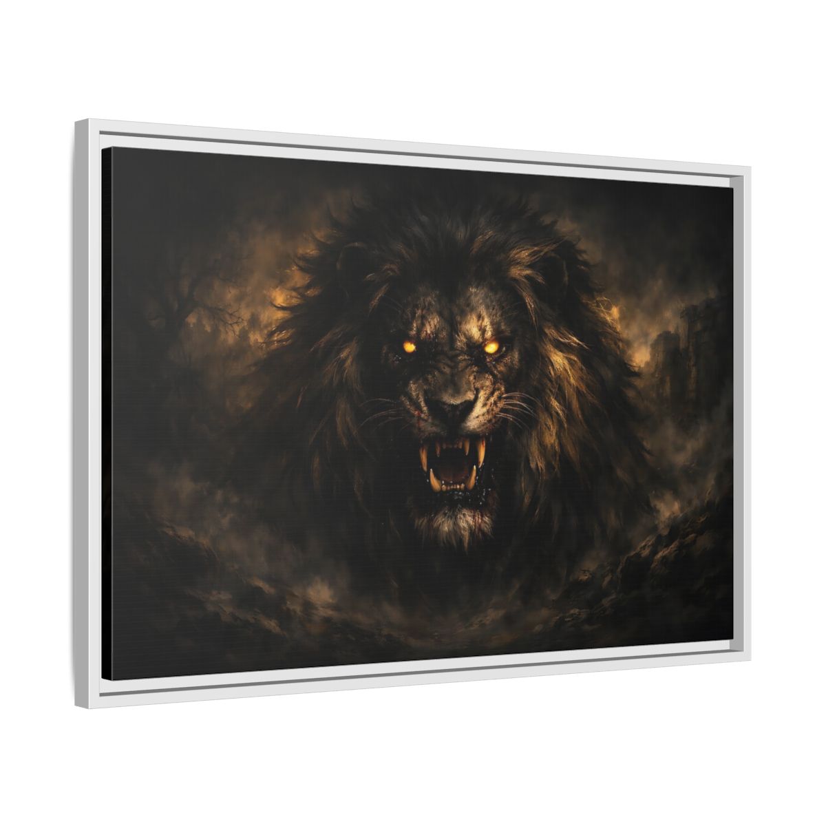Side Mockup 10. Animals Lion Dark Lion shown as stretched canvas wall art