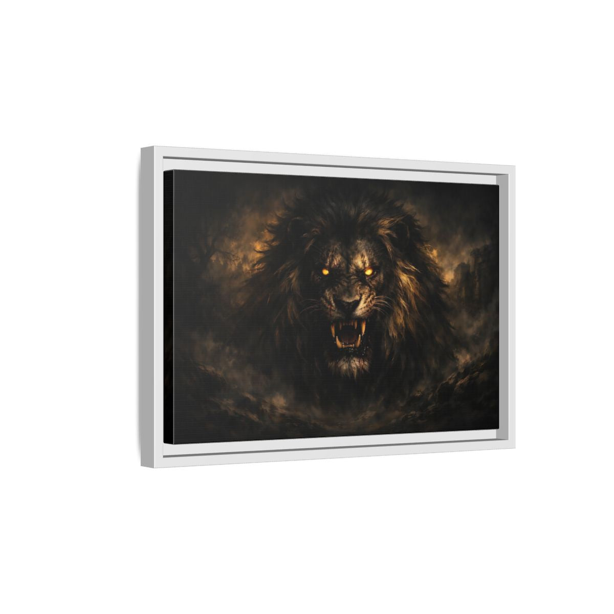 Side Mockup 4. Animals Lion Dark Lion shown as stretched canvas wall art