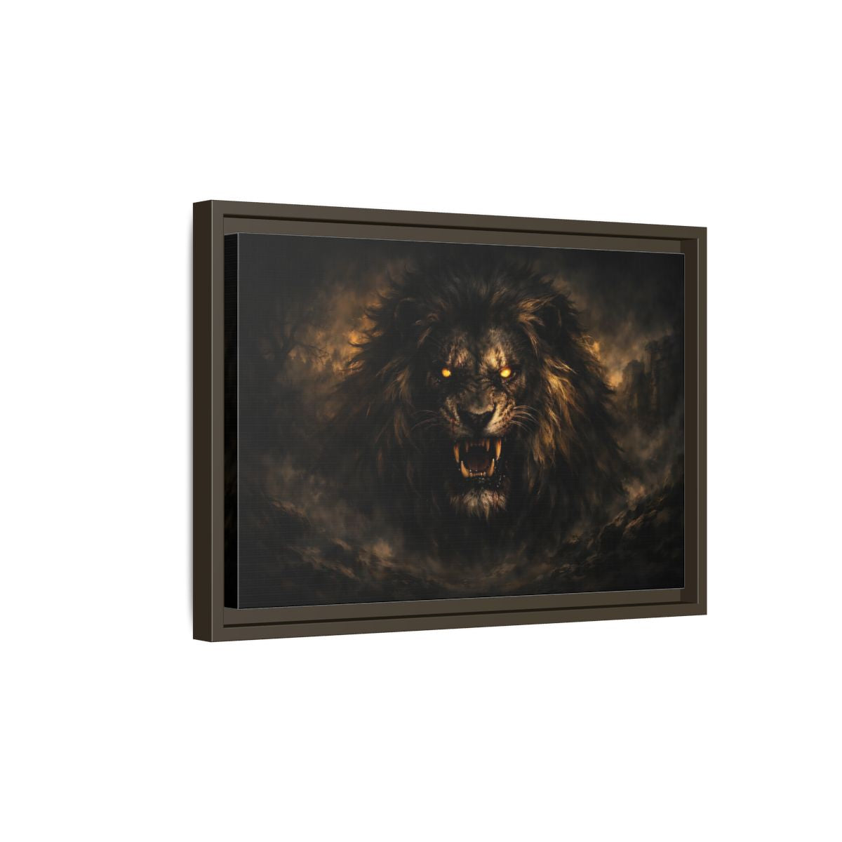 Side Mockup 5. Animals Lion Dark Lion shown as stretched canvas wall art
