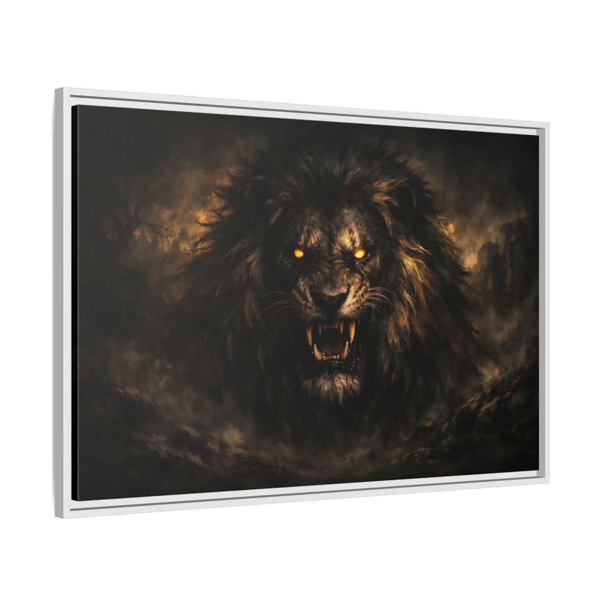 Side Mockup 8. Animals Lion Dark Lion shown as stretched canvas wall art