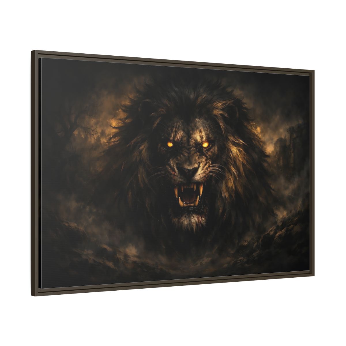 Main Mockup. Animals Lion Dark Lion shown as stretched canvas wall art