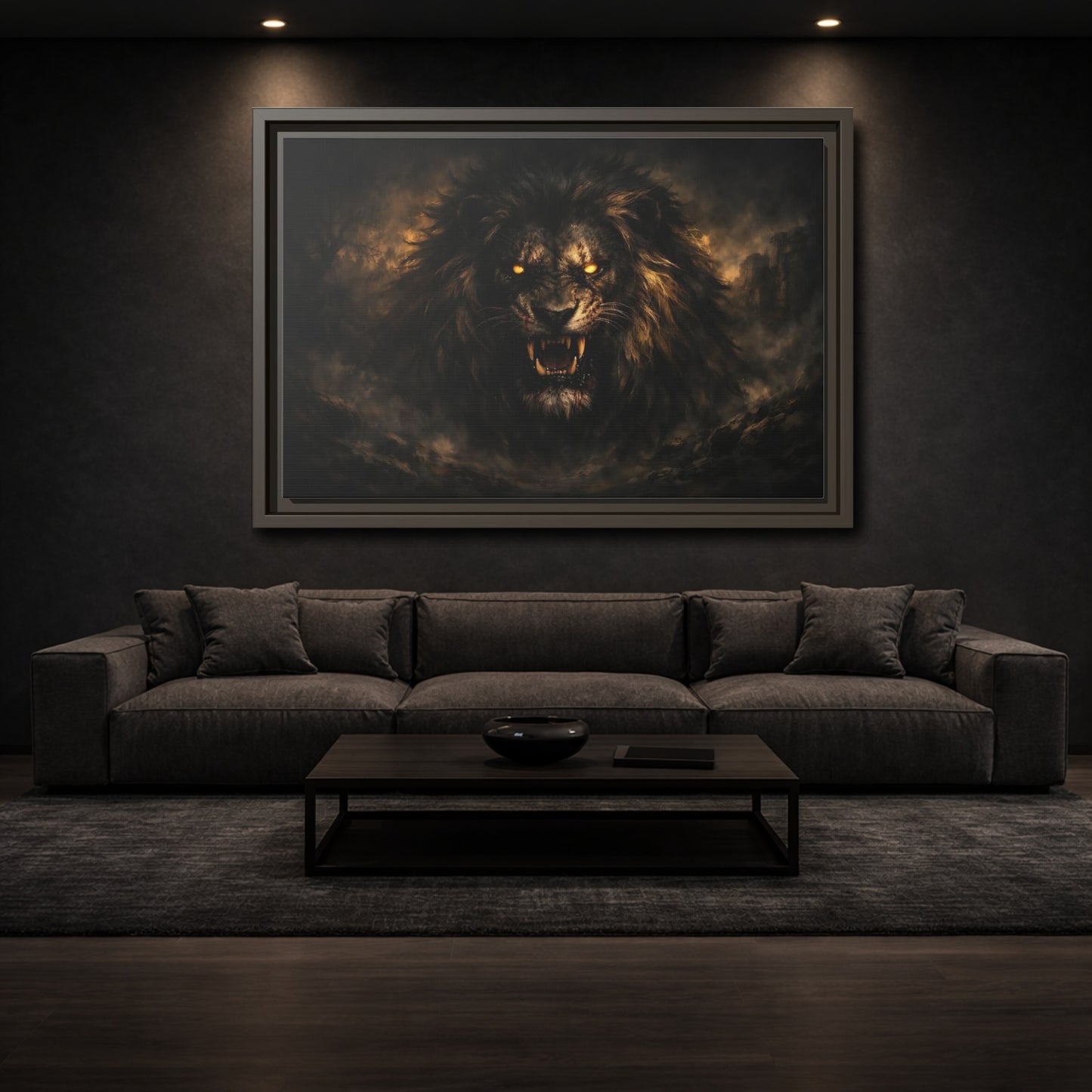Mockup 2. Animals Lion Dark Lion shown as stretched canvas wall art