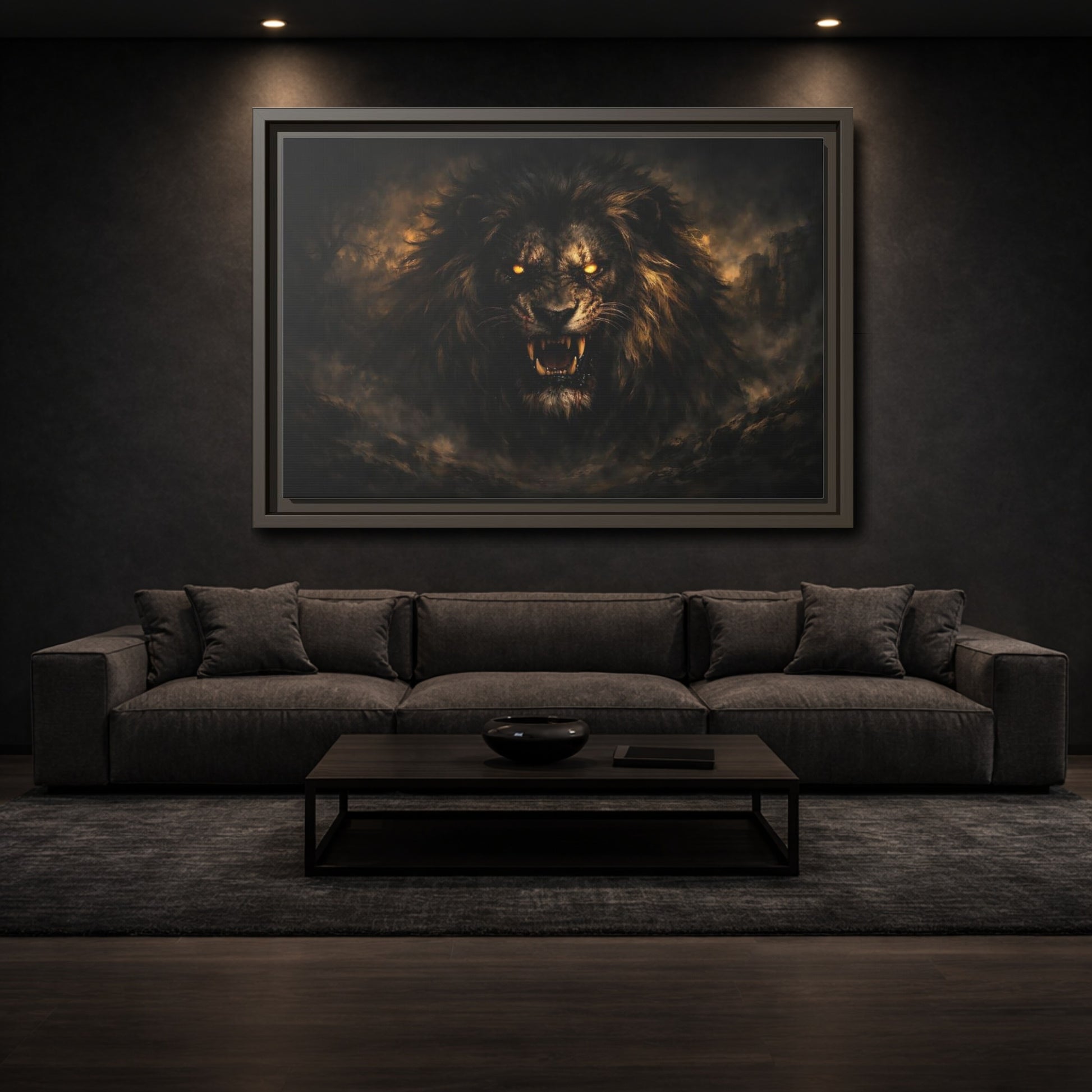 Mockup 2. Animals Lion Dark Lion shown as stretched canvas wall art