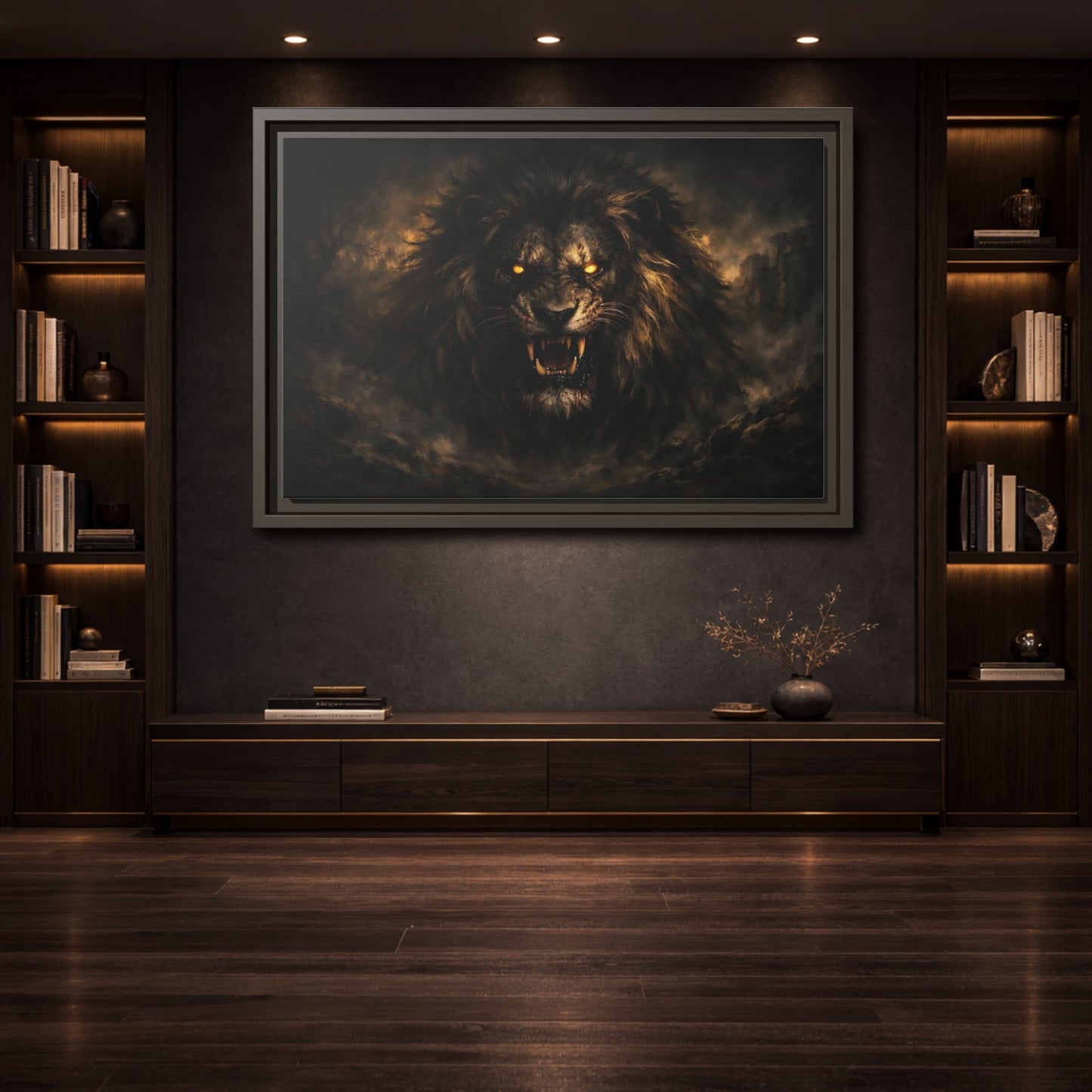 Mockup 3. Animals Lion Dark Lion shown as stretched canvas wall art