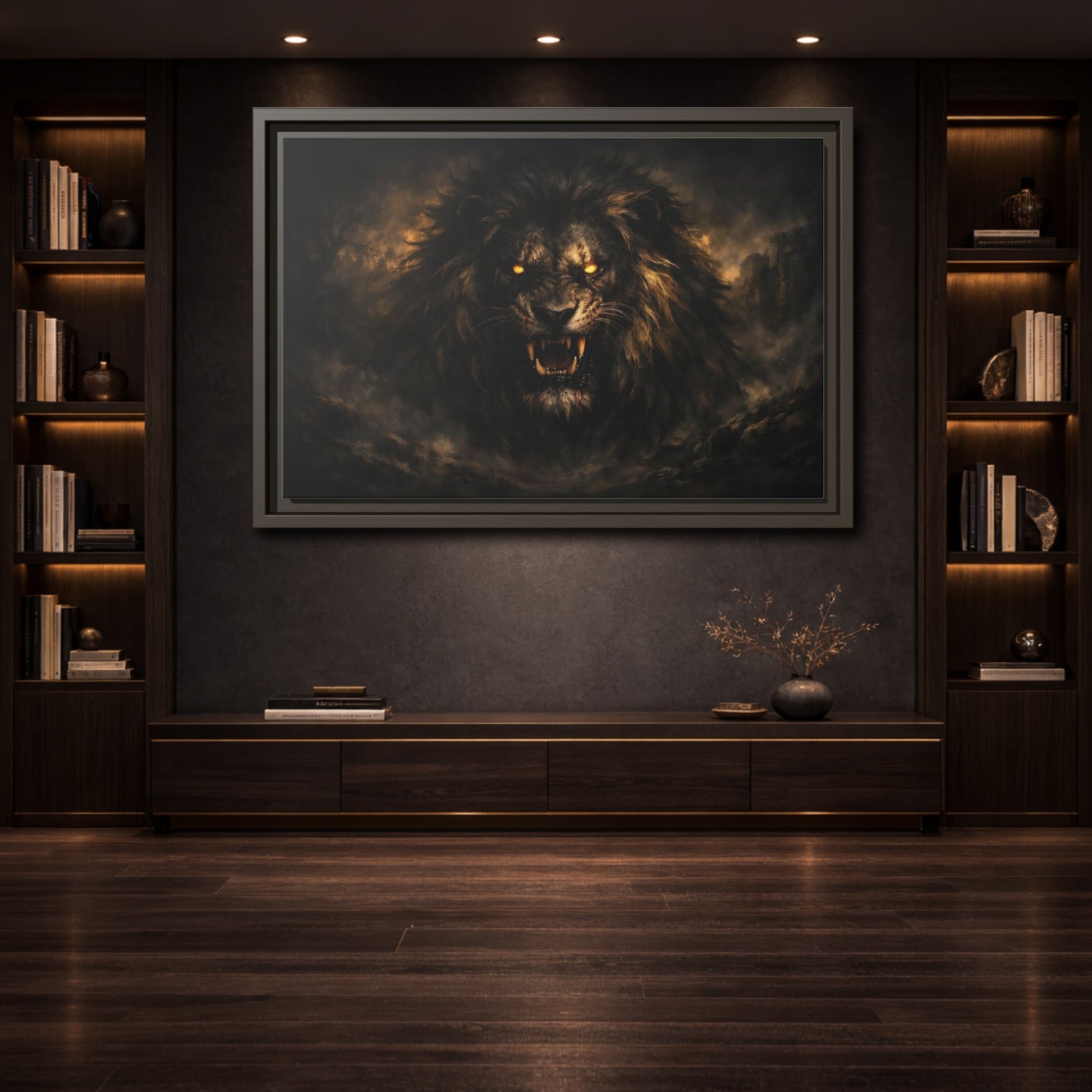 Mockup 3. Animals Lion Dark Lion shown as stretched canvas wall art