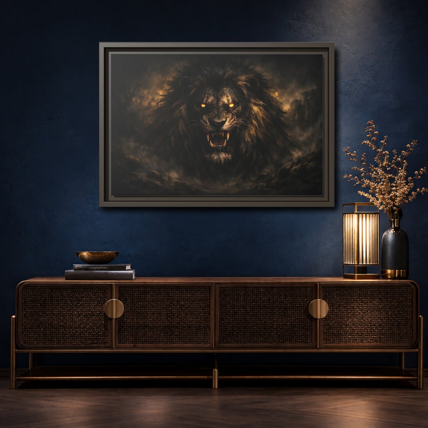 Mockup 4. Animals Lion Dark Lion shown as stretched canvas wall art