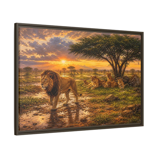 Main Mockup. Animals Lion Family Lion Sunset shown as stretched canvas wall art