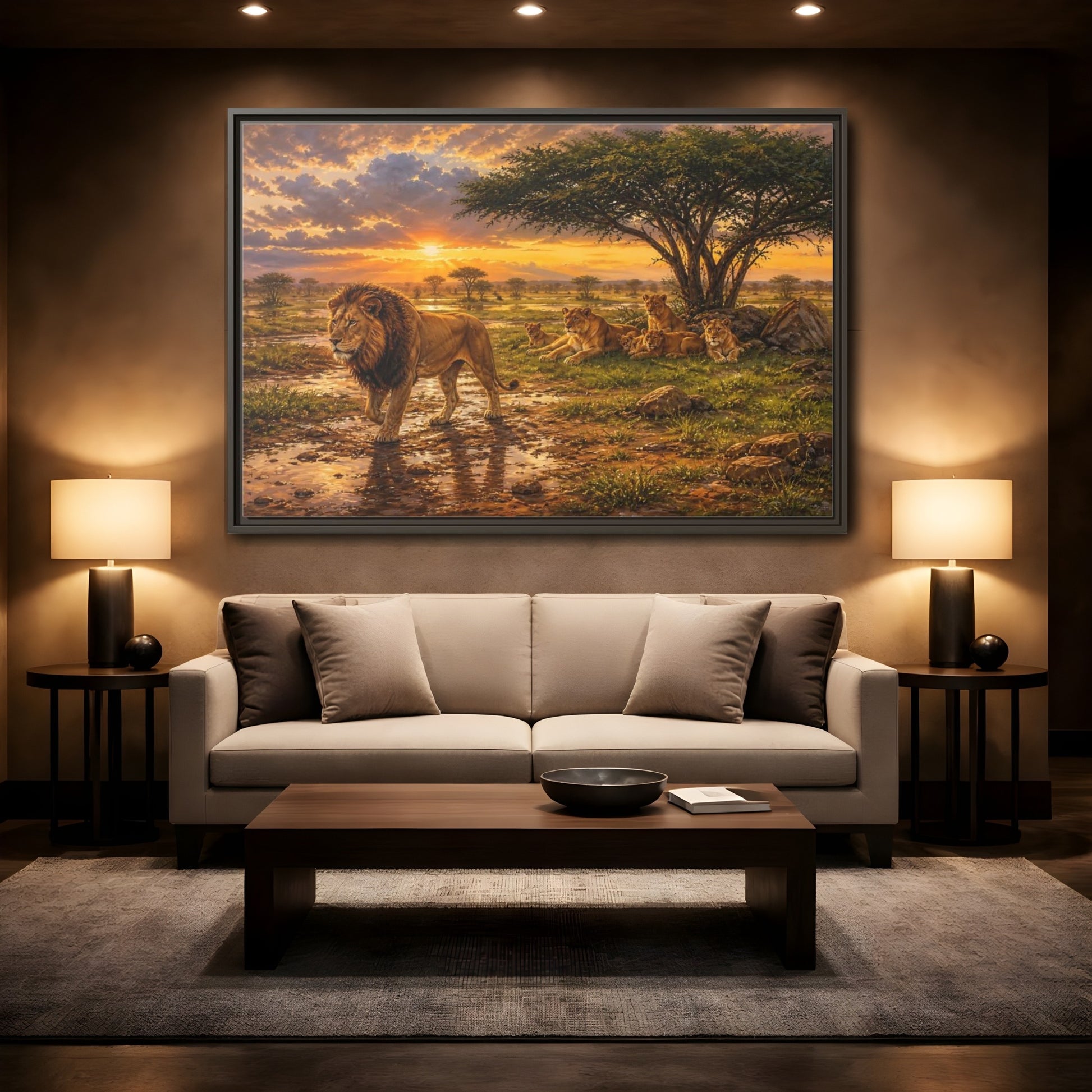 Mockup 2. Animals Lion Family Lion Sunset shown as stretched canvas wall art