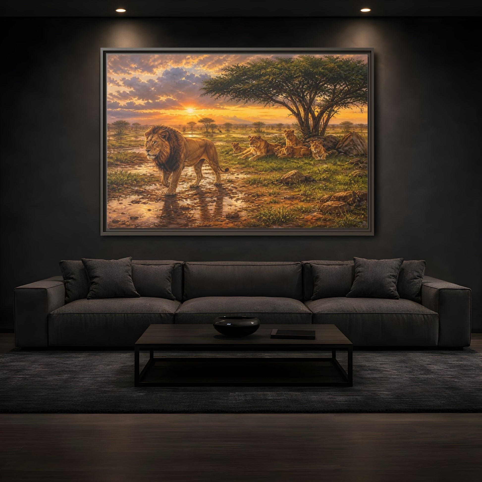 Mockup 3. Animals Lion Family Lion Sunset shown as stretched canvas wall art