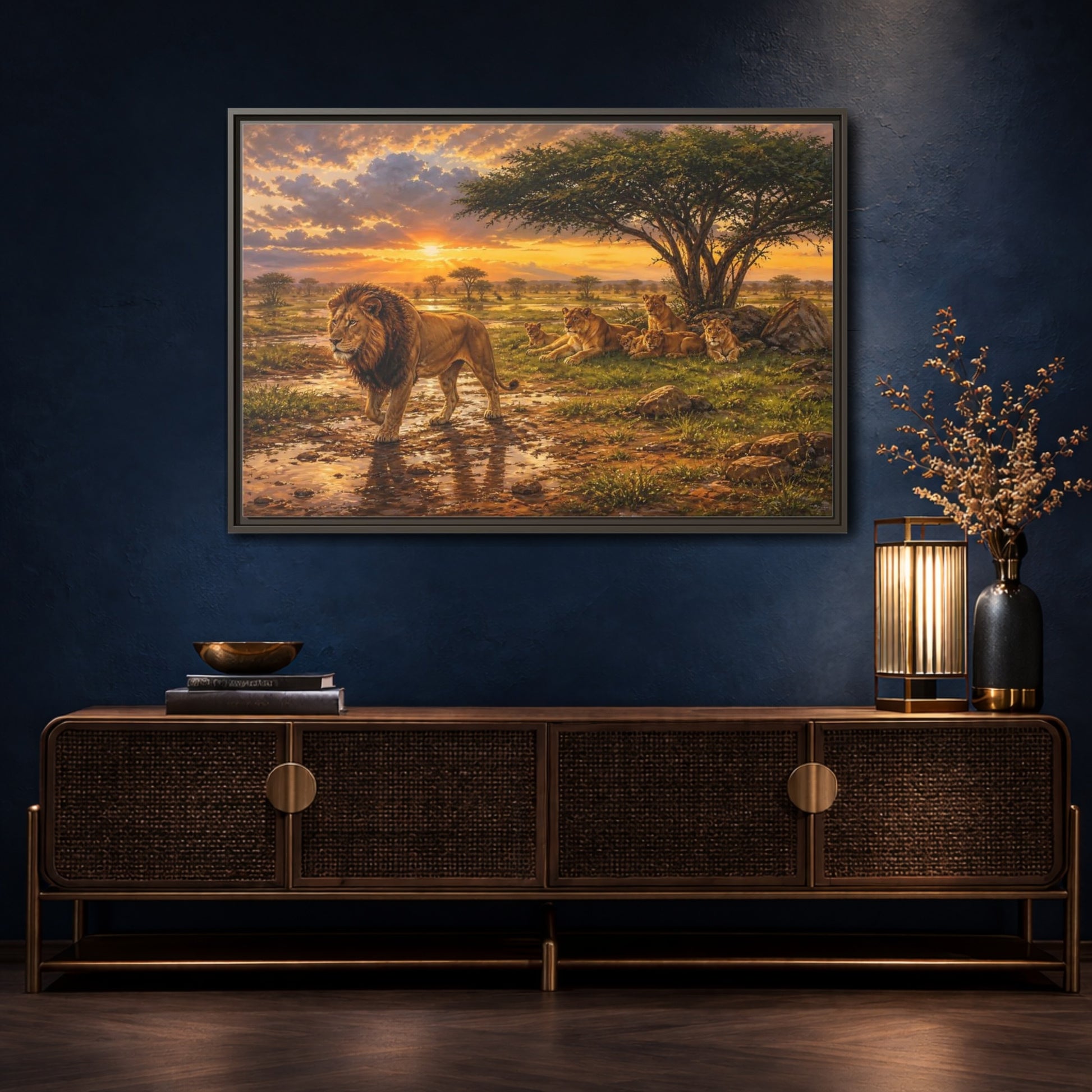 Mockup 4. Animals Lion Family Lion Sunset shown as stretched canvas wall art