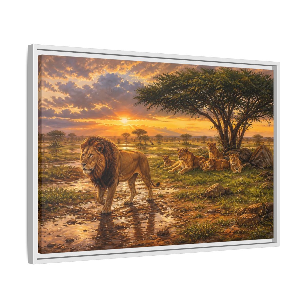 Side Mockup 10. Animals Lion Family Lion Sunset shown as stretched canvas wall art
